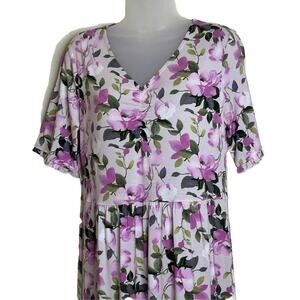 Womens Midi Dress Pink Floral US Size 8 Short‎ Sleeves V-Neck Stretch Knit New